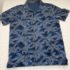 TravisMathew Polo Shirt Mens Large Blue Palm Print Golf Casual Short Sleeve